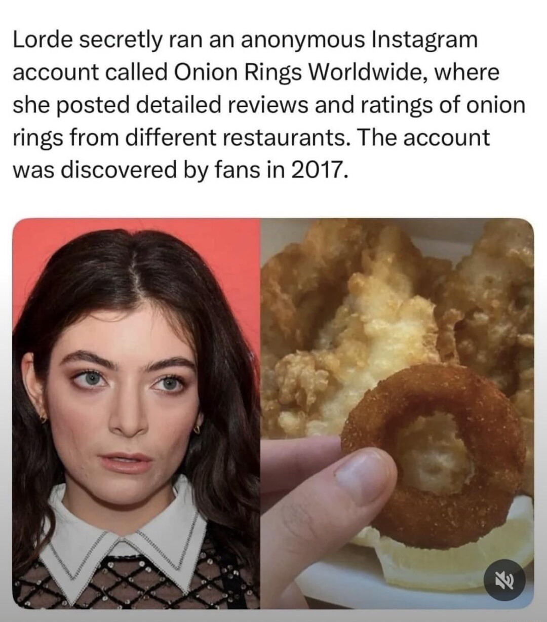 Lorde secretly ran an anonymous Instagram account called Onion Rings Worldwide, where she posted detailed reviews and ratings of onion rings from different restaurants. The account was discovered by fans in 2017.