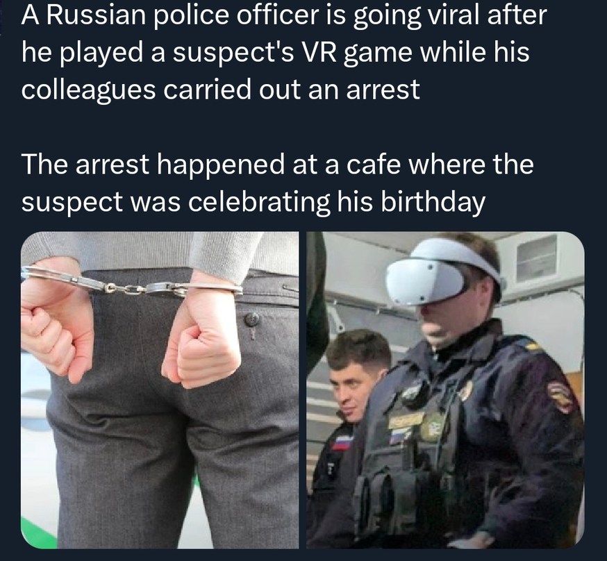 A Russian police officer is going viral after he played a suspect's VR game while his colleagues carried out an arrest. The arrest happened at a cafe where the suspect was celebrating his birthday.
