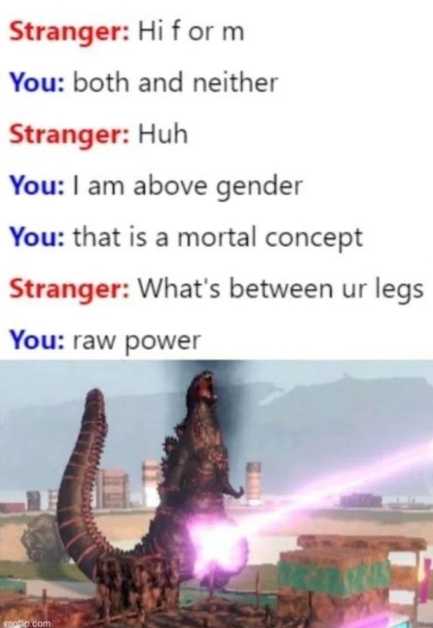 Stranger: Hi f or m
You: both and neither
Stranger: Huh
You: I am above gender
You: that is a mortal concept
Stranger: What's between ur legs
You: raw power