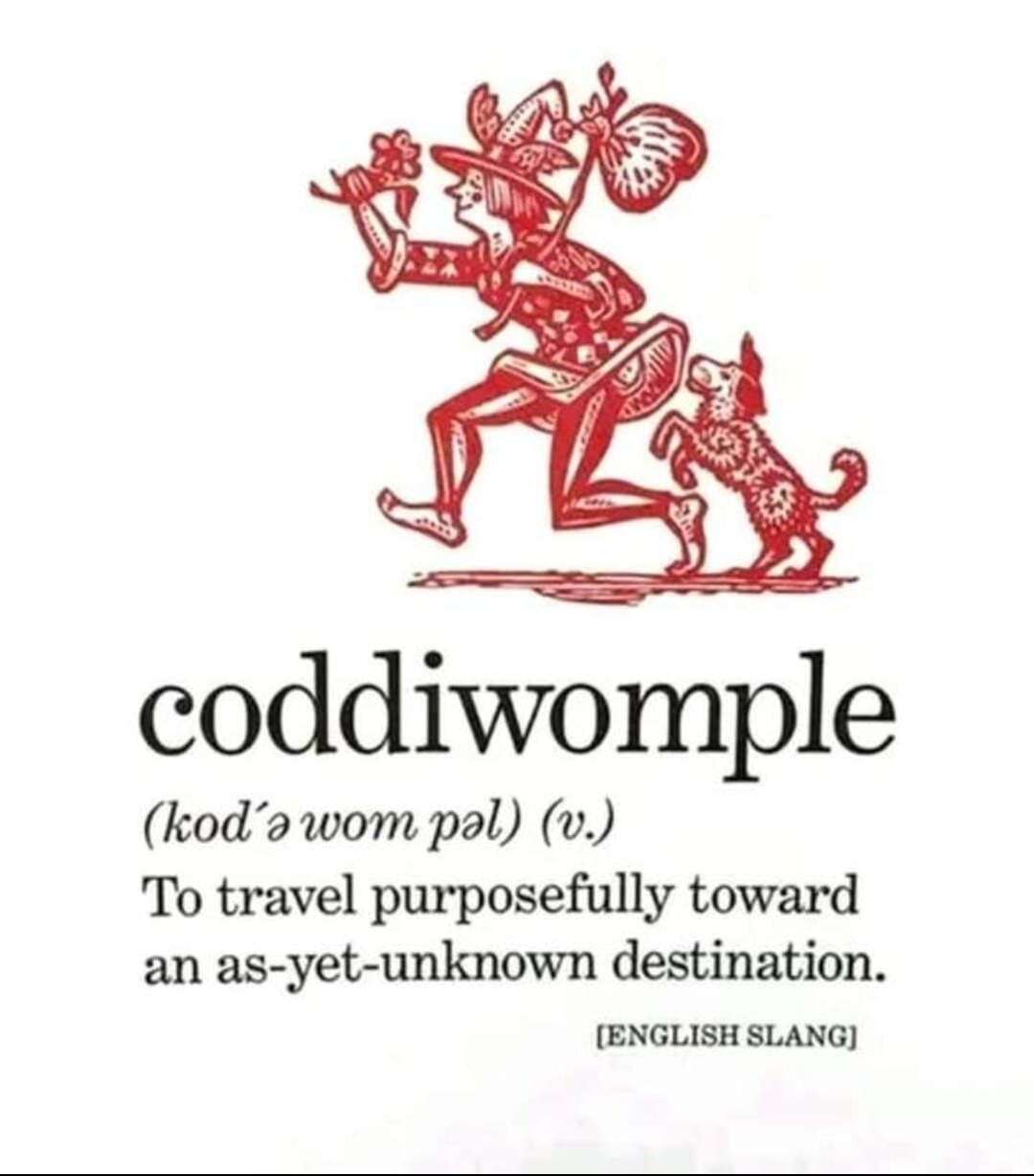 coddiwomple (kod'ə wom pəl) (v.) To travel purposefully toward an as-yet-unknown destination. [ENGLISH SLANG]