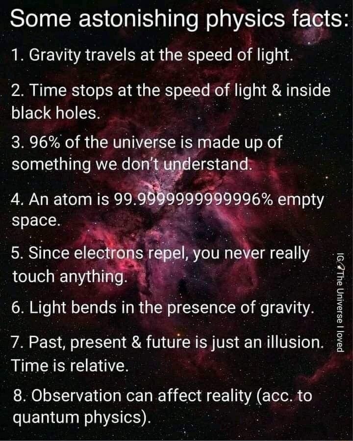 Some astonishing physics facts:
1. Gravity travels at the speed of light.
2. Time stops at the speed of light & inside black holes.
3. 96% of the universe is made up of something we don't understand.
4. An atom is 99.99999999999996% empty space.
5. Since electrons repel, you never really touch anything.
6. Light bends in the presence of gravity.
7.