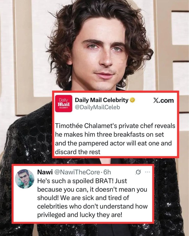Timothée Chalamet's private chef reveals he makes him three breakfasts on set and the pampered actor will eat one and discard the rest
Nawi @NawiTheCore 6h
He's such a spoiled BRAT! Just because you can, it doesn't mean you should! We are sick and tired of celebrities who don't understand how privileged and lucky they are!