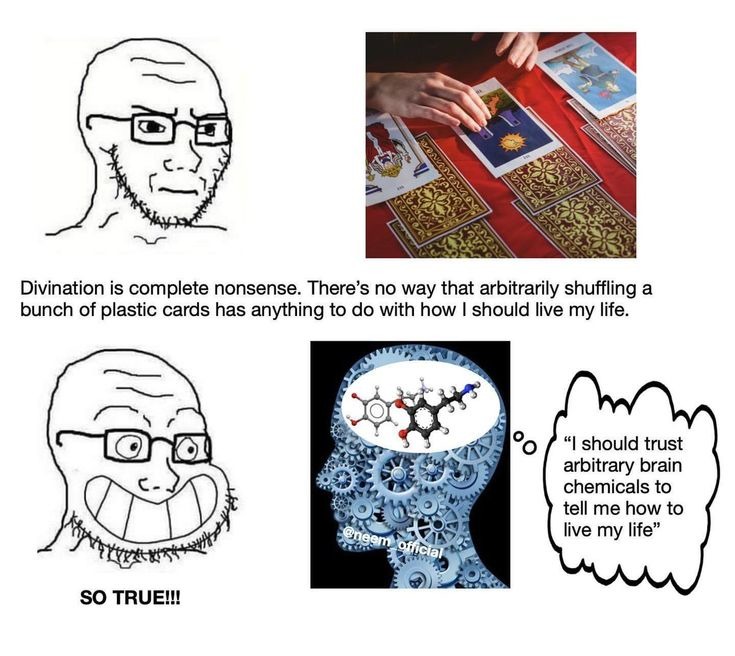 Divination is complete nonsense. There's no way that arbitrarily shuffling a bunch of plastic cards has anything to do with how I should live my life.
SO TRUE!!!
“I should trust arbitrary brain chemicals to tell me how to live my life”