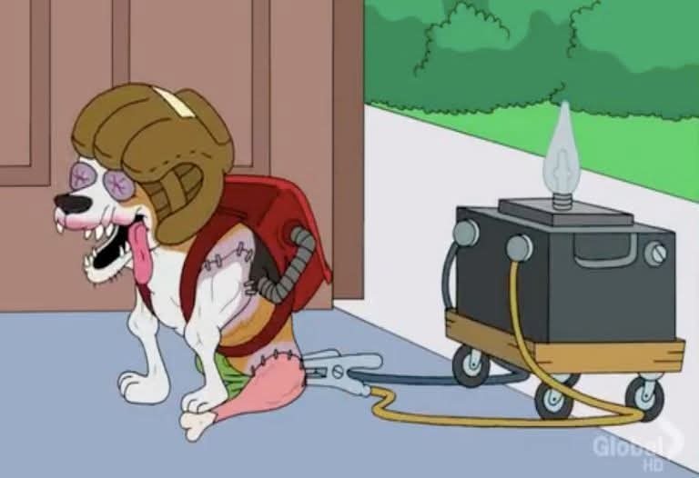 El perro está siendo sometido a un experimento, parece que le están haciendo una especie de prótesis o mejora cibernética. Tiene una pierna de aspecto artificial y un casco con una bombilla encima de la cabeza. La escena es grotesca y un poco perturbadora.