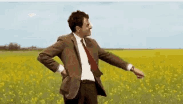 Mr. Bean bailando en un campo de flores amarillas.