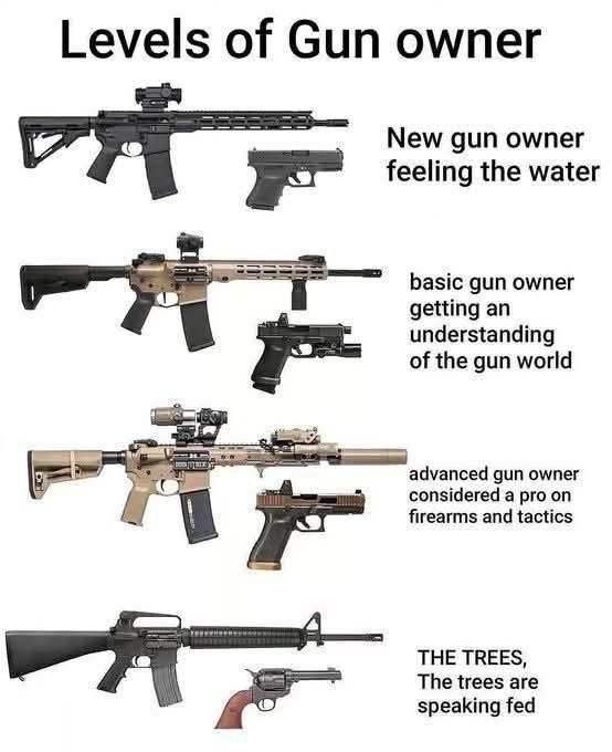Levels of Gun owner
New gun owner
feeling the water
basic gun owner
getting an
understanding
of the gun world
advanced gun owner
considered a pro on
firearms and tactics
THE TREES,
The trees are
speaking fed
