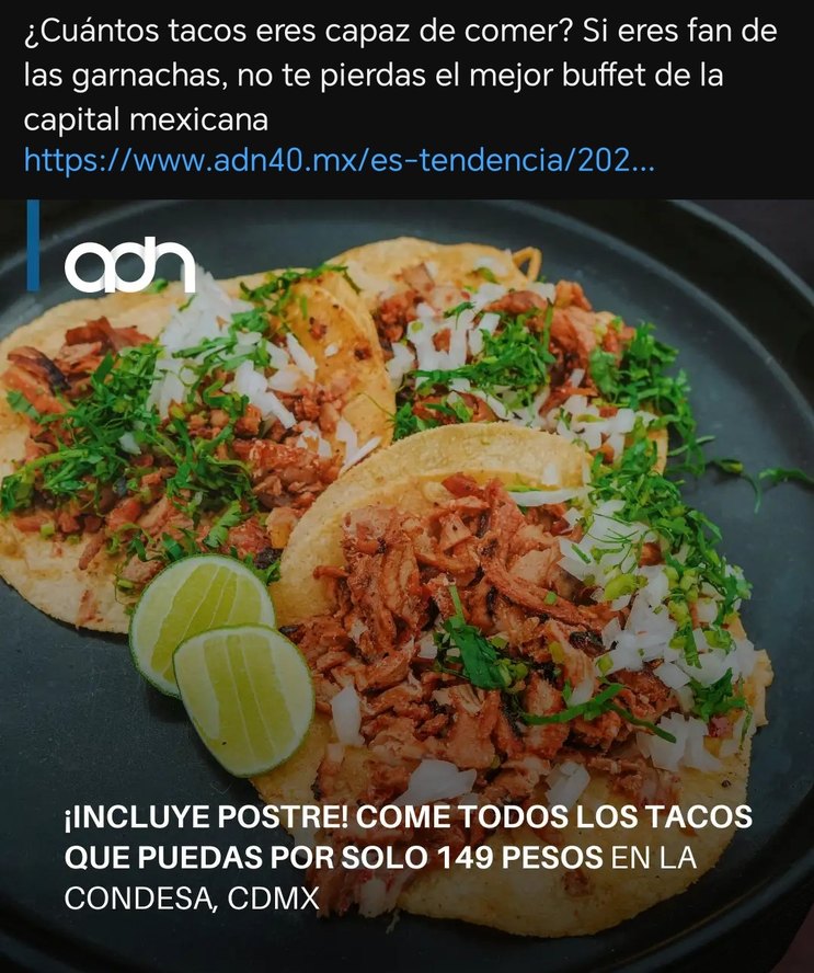 ¿Cuántos tacos eres capaz de comer? Si eres fan de las garnachas, no te pierdas el mejor buffet de la capital mexicana https://www.adn40.mx/es-tendencia/202... ¡INCLUYE POSTRE! COME TODOS LOS TACOS QUE PUEDAS POR SOLO 149 PESOS EN LA CONDESA, CDMX