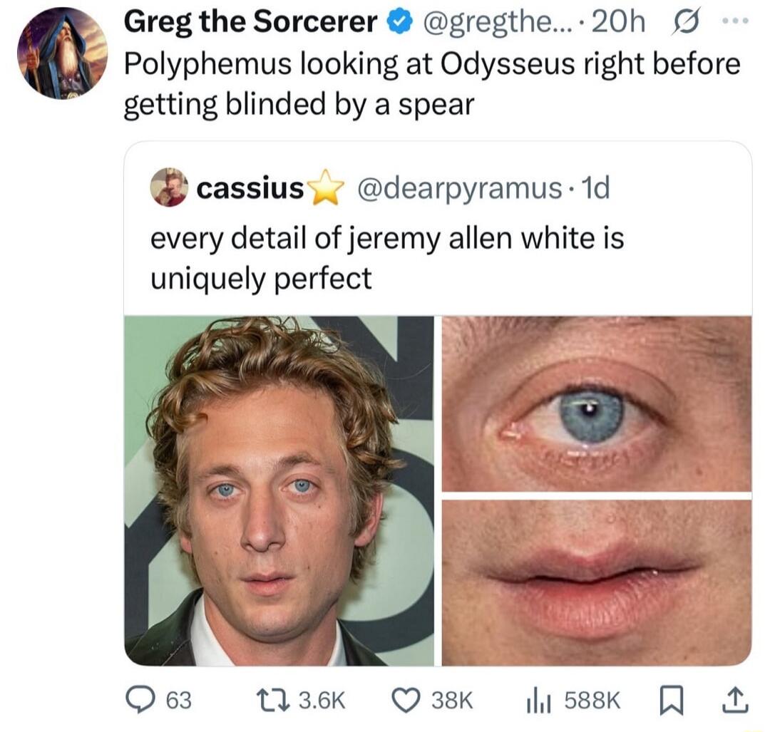 Polyphemus looking at Odysseus right before getting blinded by a spear every detail of jeremy allen white is uniquely perfect