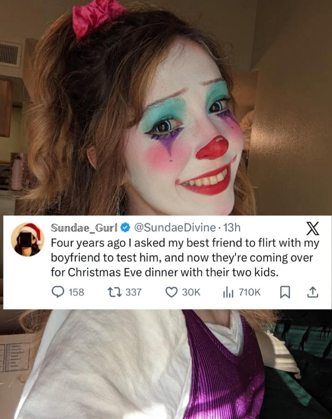 Four years ago I asked my best friend to flirt with my boyfriend to test him, and now they're coming over for Christmas Eve dinner with their two kids.