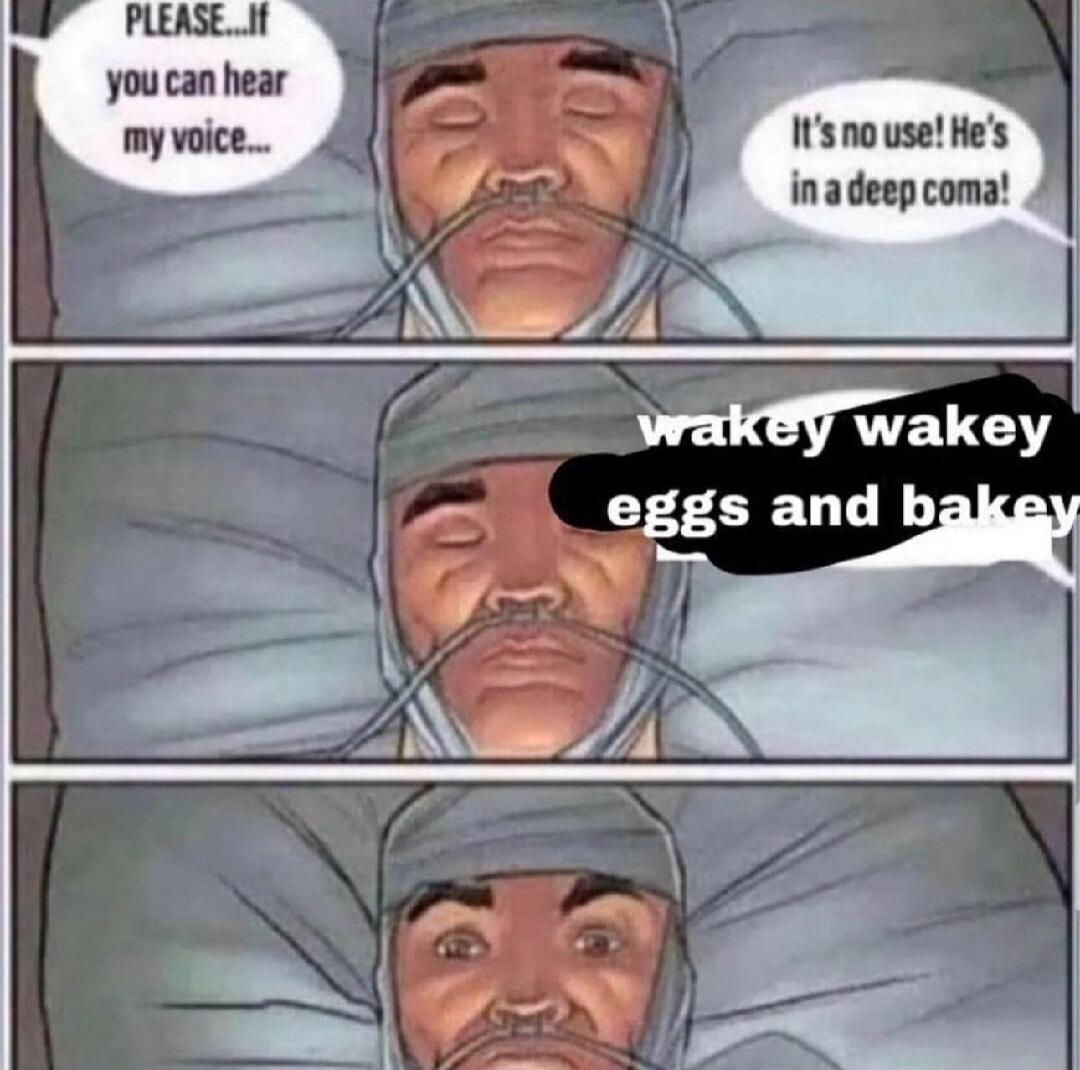 PLEASE...If you can hear my voice... It's no use! He's in a deep coma! wakey wakey eggs and bakey
