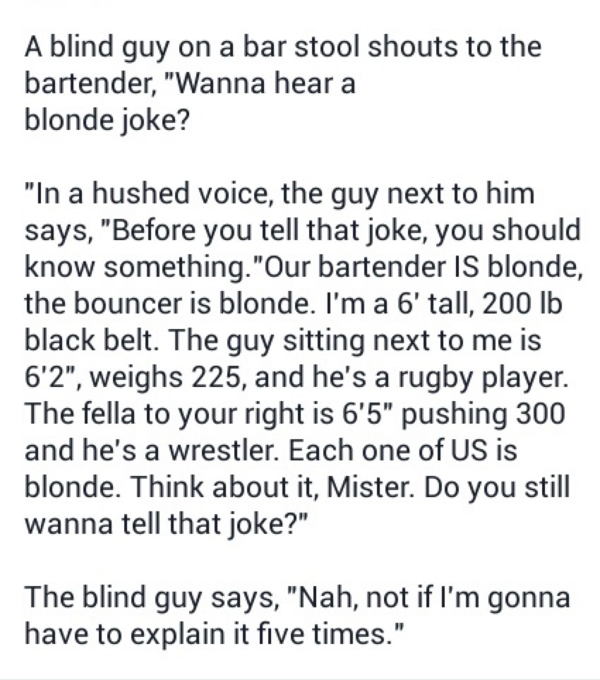 A blind guy on a bar stool shouts to the bartender, 