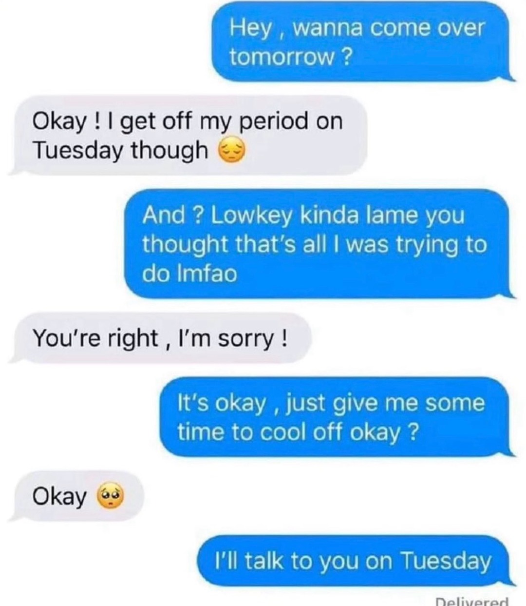 Hey, wanna come over tomorrow?
Okay ! I get off my period on Tuesday though 🥺
And ? Lowkey kinda lame you thought that's all I was trying to do lmfao
You're right, I'm sorry !
It's okay, just give me some time to cool off okay ?
Okay 🥺
I'll talk to you on Tuesday