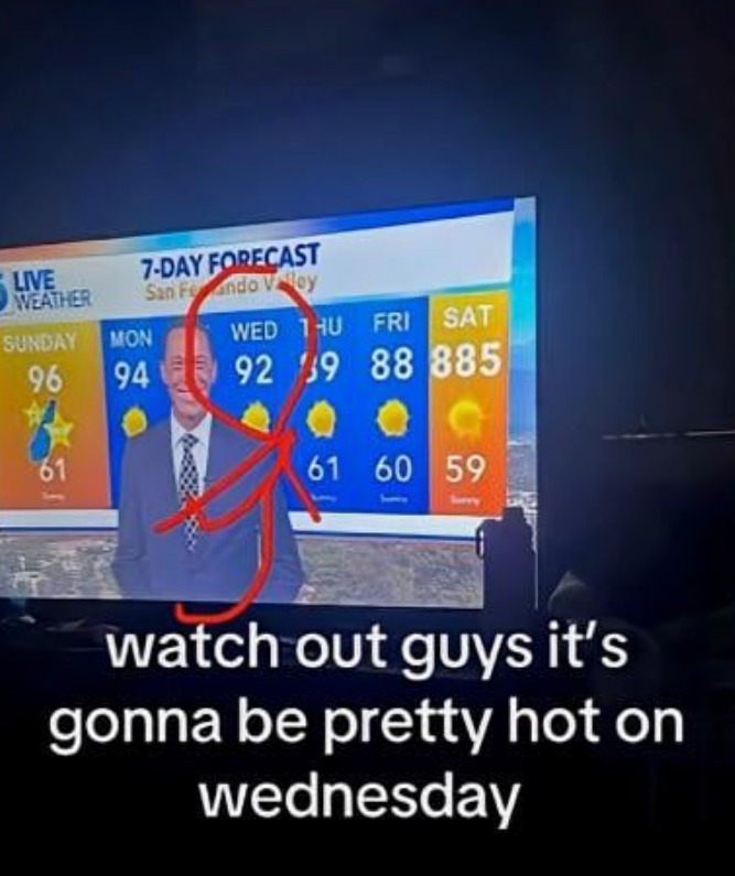 7-DAY FORECAST San Fernando Valley LIVE WEATHER SUNDAY MON WED THU FRI SAT 96 94 92 39 88 885 61 61 60 59 watch out guys it's gonna be pretty hot on wednesday