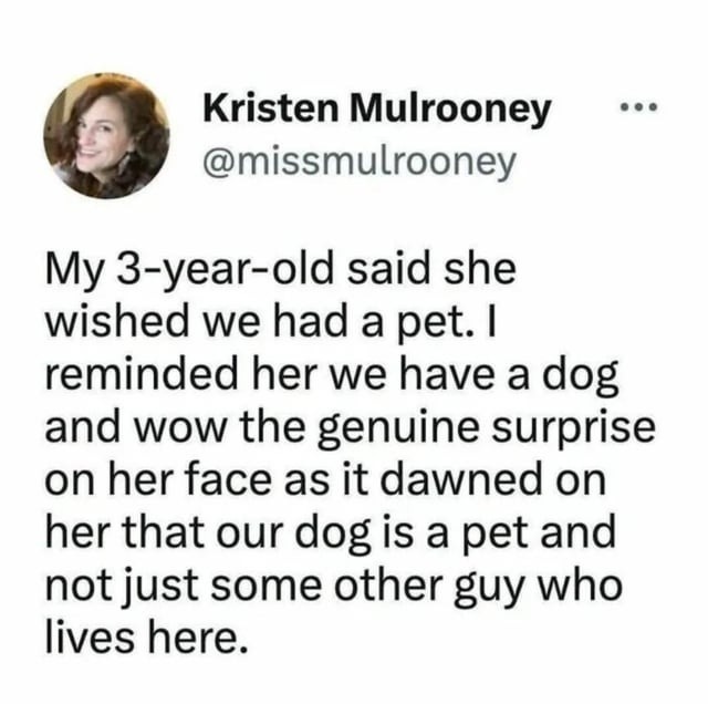 My 3-year-old said she wished we had a pet. I reminded her we have a dog and wow the genuine surprise on her face as it dawned on her that our dog is a pet and not just some other guy who lives here.