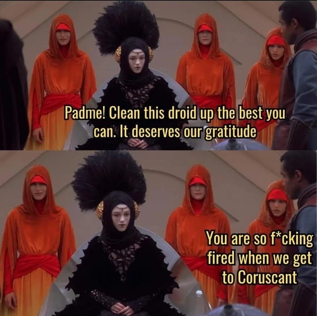 Padme! Clean this droid up the best you can. It deserves our gratitude. You are so f*cking fired when we get to Coruscant