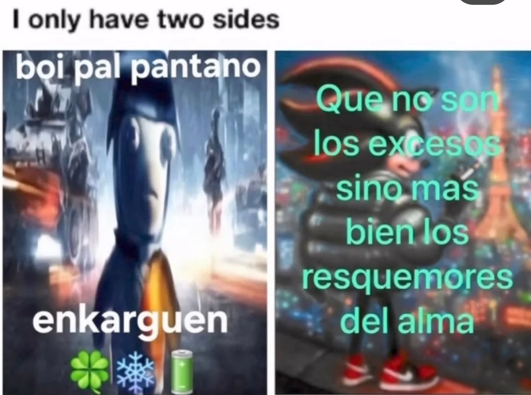 I only have two sides
boi pal pantano
enkarguen
Que no son
los excesos
sino mas
bien los
resquemores
del alma