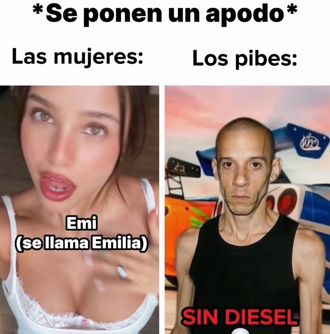*Se ponen un apodo*
Las mujeres:
Emi
(se llama Emilia)
Los pibes:
SIN DIESEL