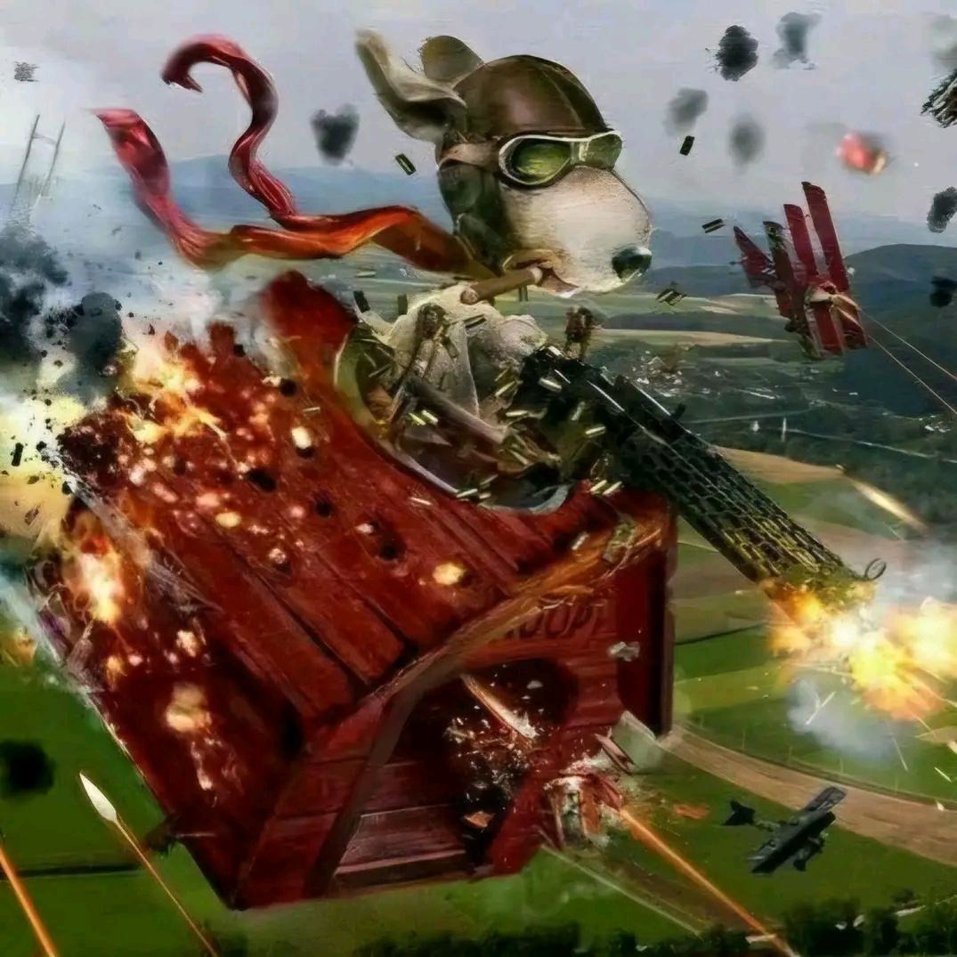 Un perro con gafas de aviador y un cigarro en la boca, volando en una casa de perro en llamas, disparando una ametralladora a aviones de combate.