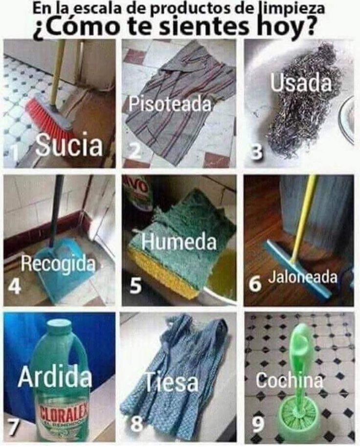 En la escala de productos de limpieza
¿Cómo te sientes hoy?
1. Sucia
2. Pisoteada
3. Usada
4. Recogida
5. Humeda
6. Jaloneada
7. Ardidda
8. Tiesa
9. Cochina