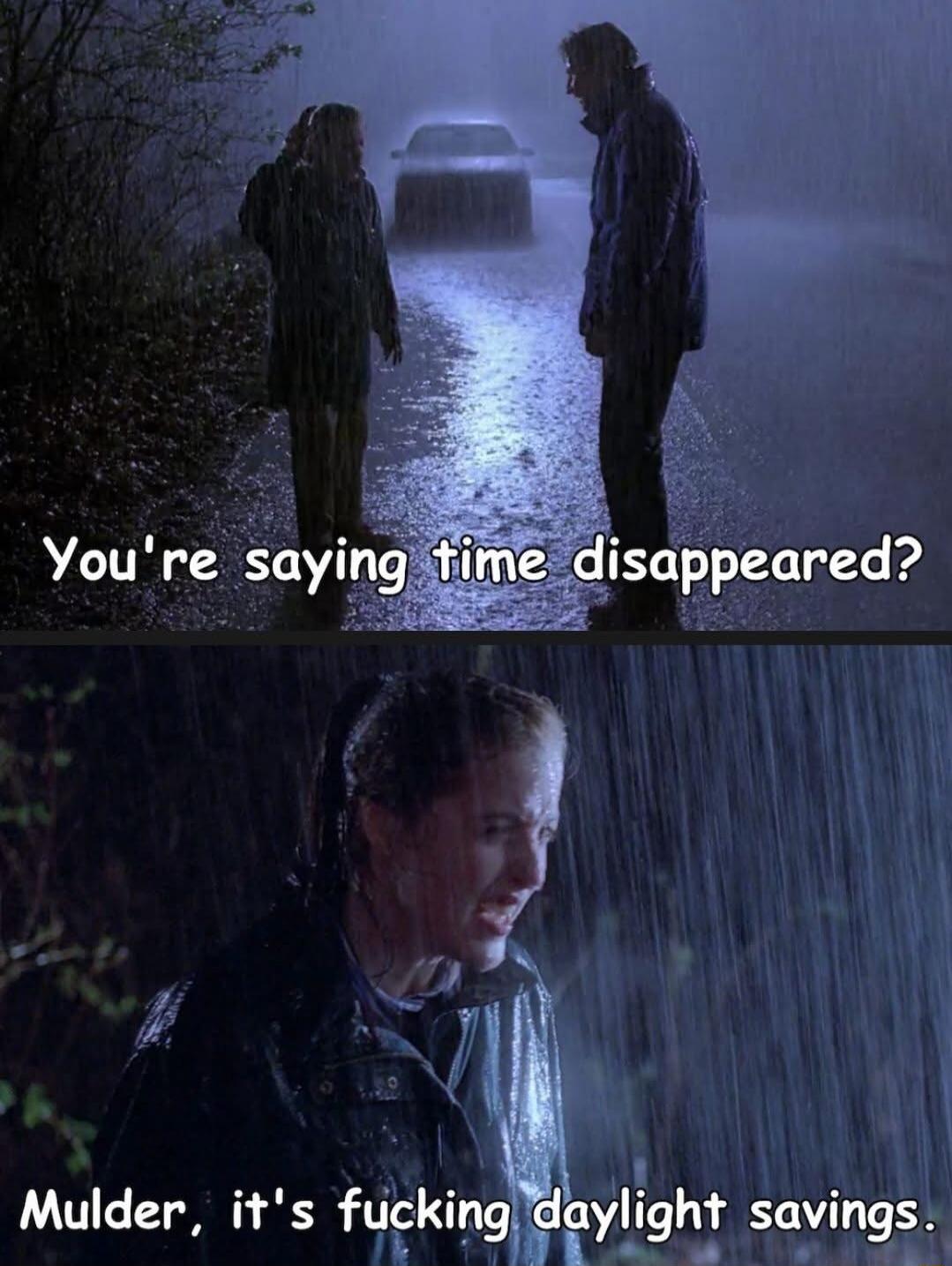 You're saying time disappeared? Mulder, it's fucking daylight savings.