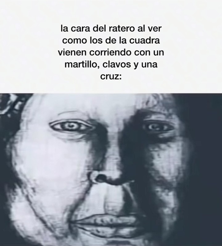 la cara del ratero al ver como los de la cuadra vienen corriendo con un martillo, clavos y una cruz: