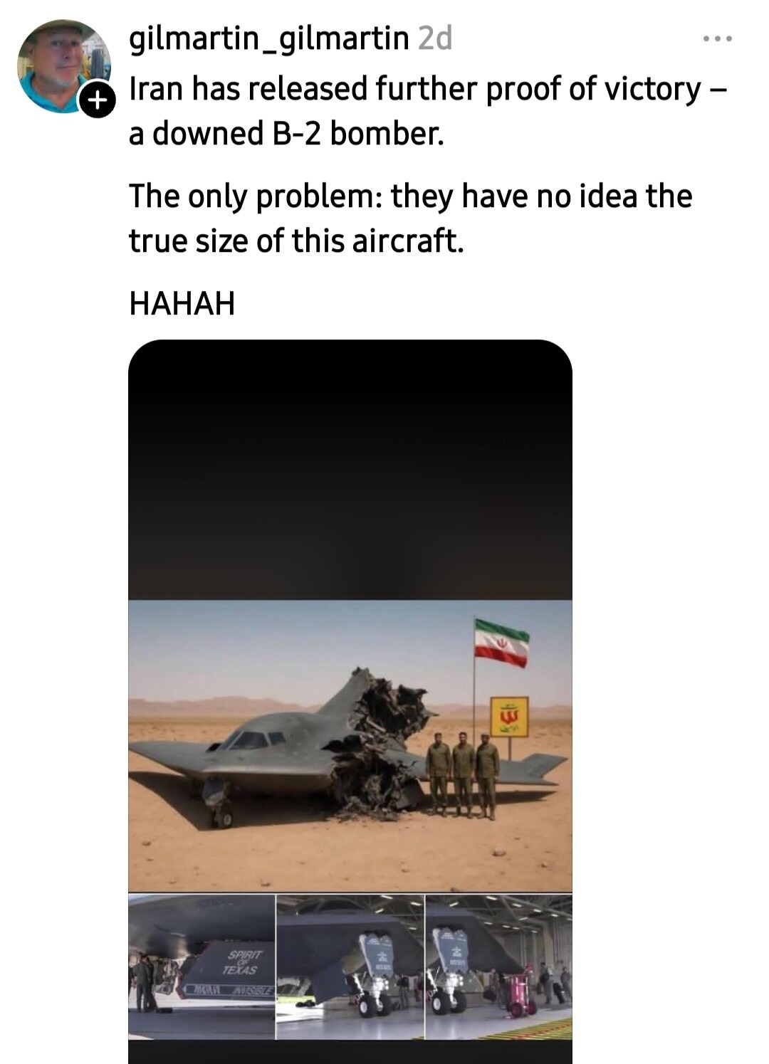 Iran has released further proof of victory – a downed B-2 bomber. The only problem: they have no idea the true size of this aircraft. HAHAH