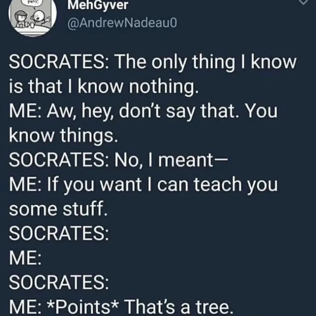 SOCRATES: The only thing I know is that I know nothing.
ME: Aw, hey, don't say that. You know things.
SOCRATES: No, I meant—
ME: If you want I can teach you some stuff.
SOCRATES:
ME:
SOCRATES:
ME: *Points* That's a tree.