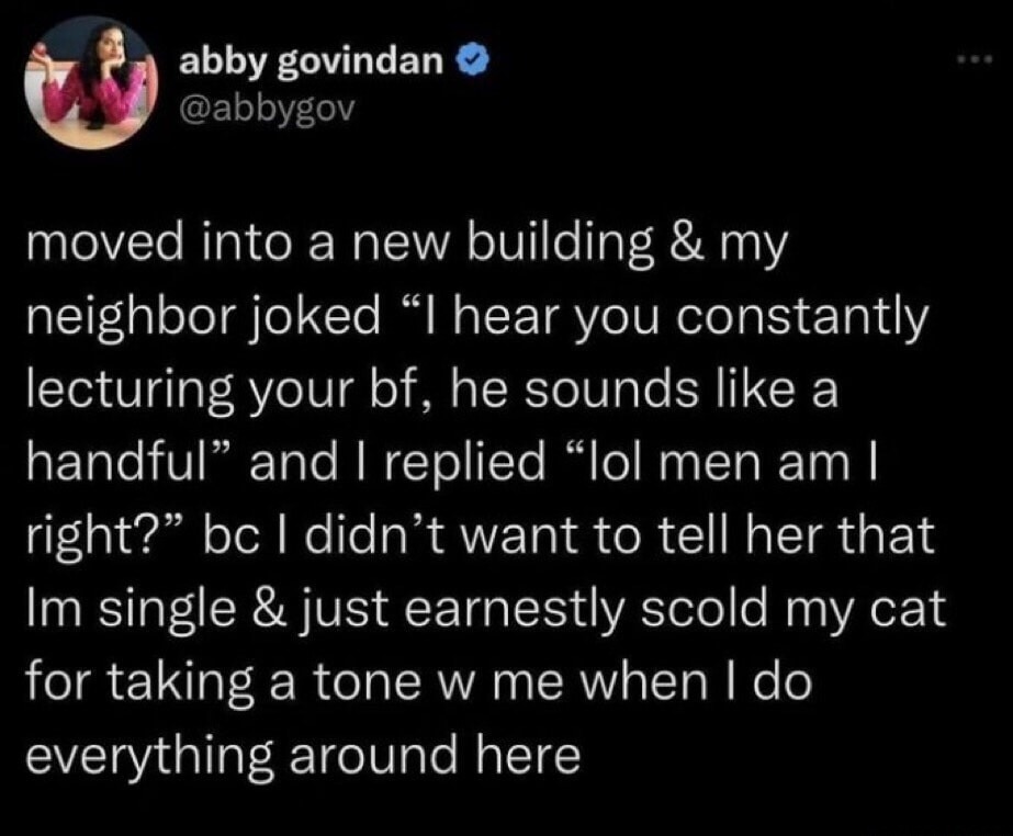 moved into a new building & my neighbor joked “I hear you constantly lecturing your bf, he sounds like a handful” and I replied “lol men am I right?” bc I didn’t want to tell her that Im single & just earnestly scold my cat for taking a tone w me when I do everything around here