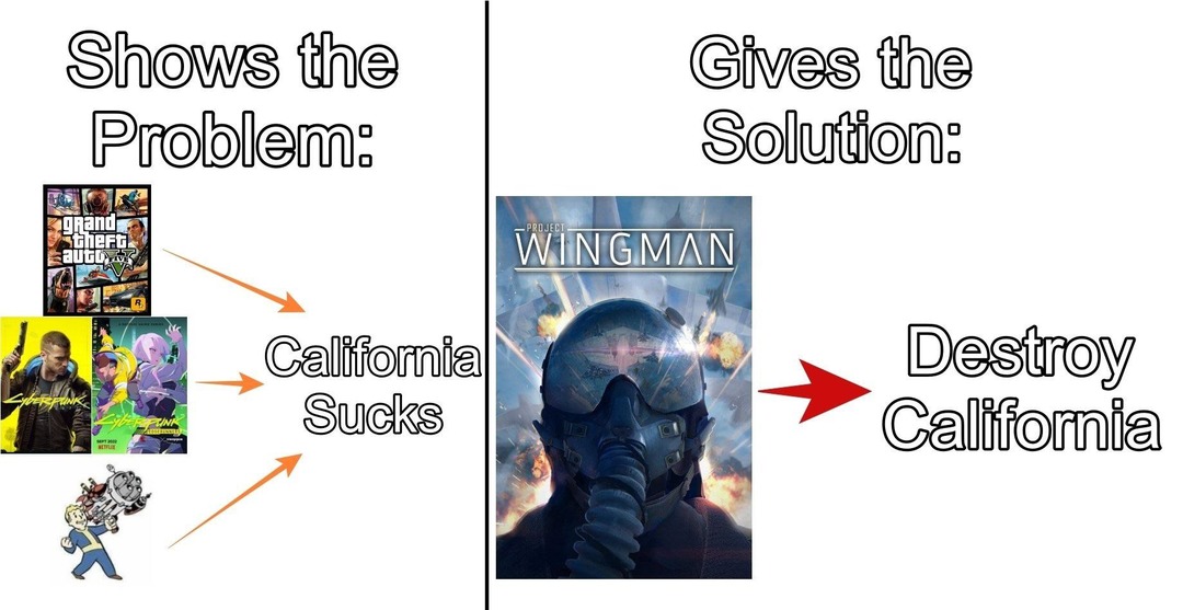 Shows the Problem: Grand Theft Auto V, Cyberpunk 2077, Fallout Gives the Solution: Project Wingman Destroy California