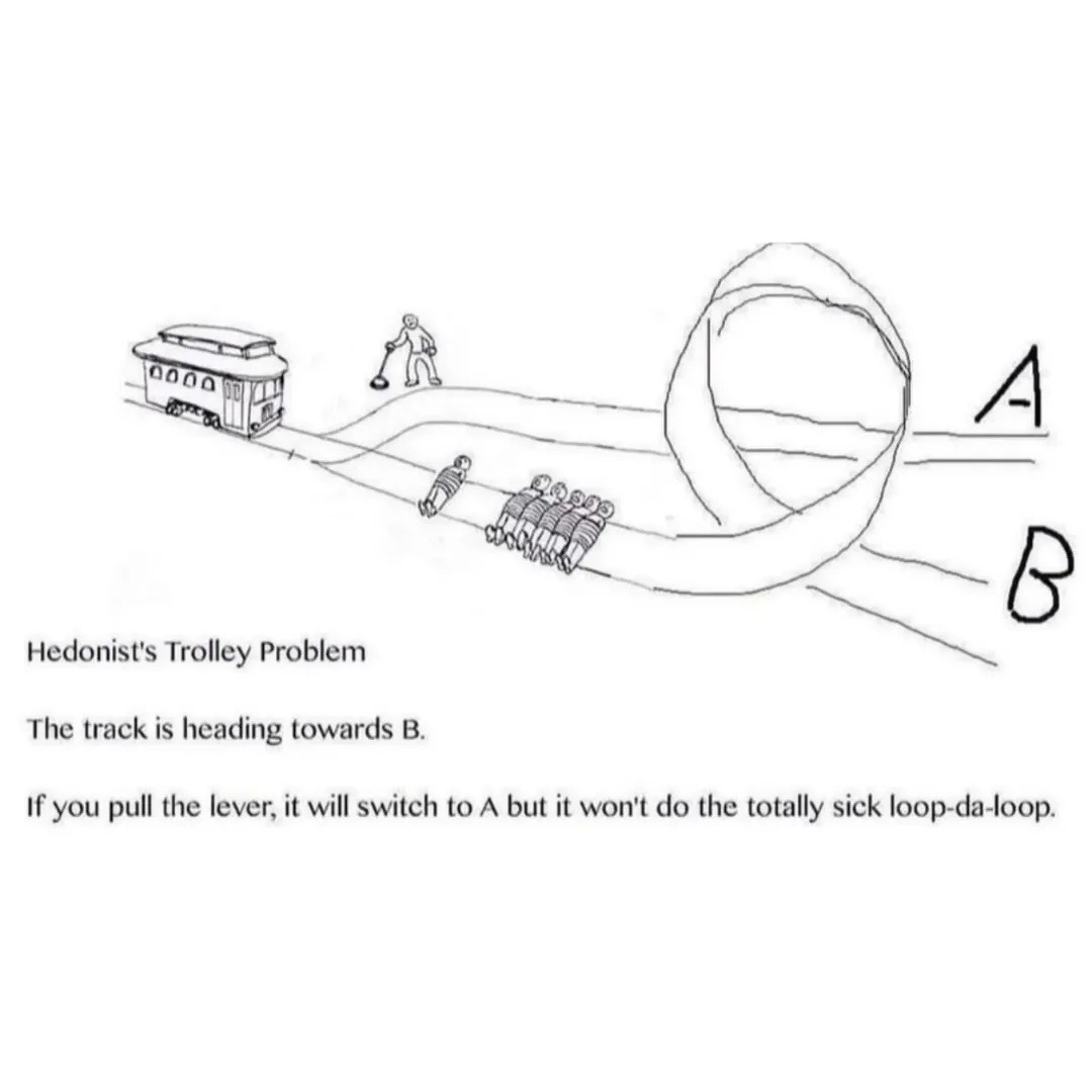 Hedonist's Trolley Problem
The track is heading towards B.
If you pull the lever, it will switch to A but it won't do the totally sick loop-da-loop.