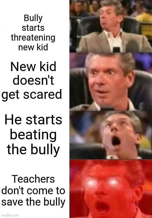 Bully starts threatening new kid. New kid doesn't get scared. He starts beating the bully. Teachers don't come to save the bully.