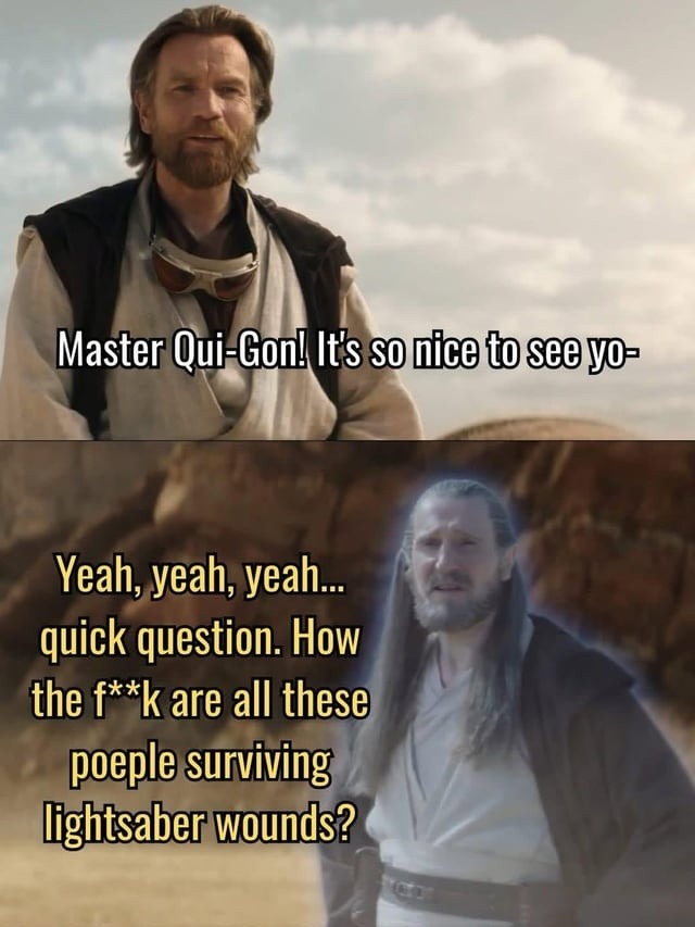 Master Qui-Gon! It's so nice to see yo-
Yeah, yeah, yeah...
quick question. How the f**k are all these poeple surviving lightsaber wounds?