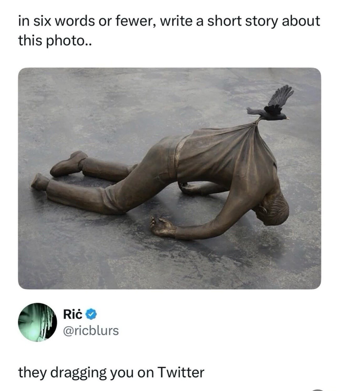 in six words or fewer, write a short story about this photo..
they dragging you on Twitter