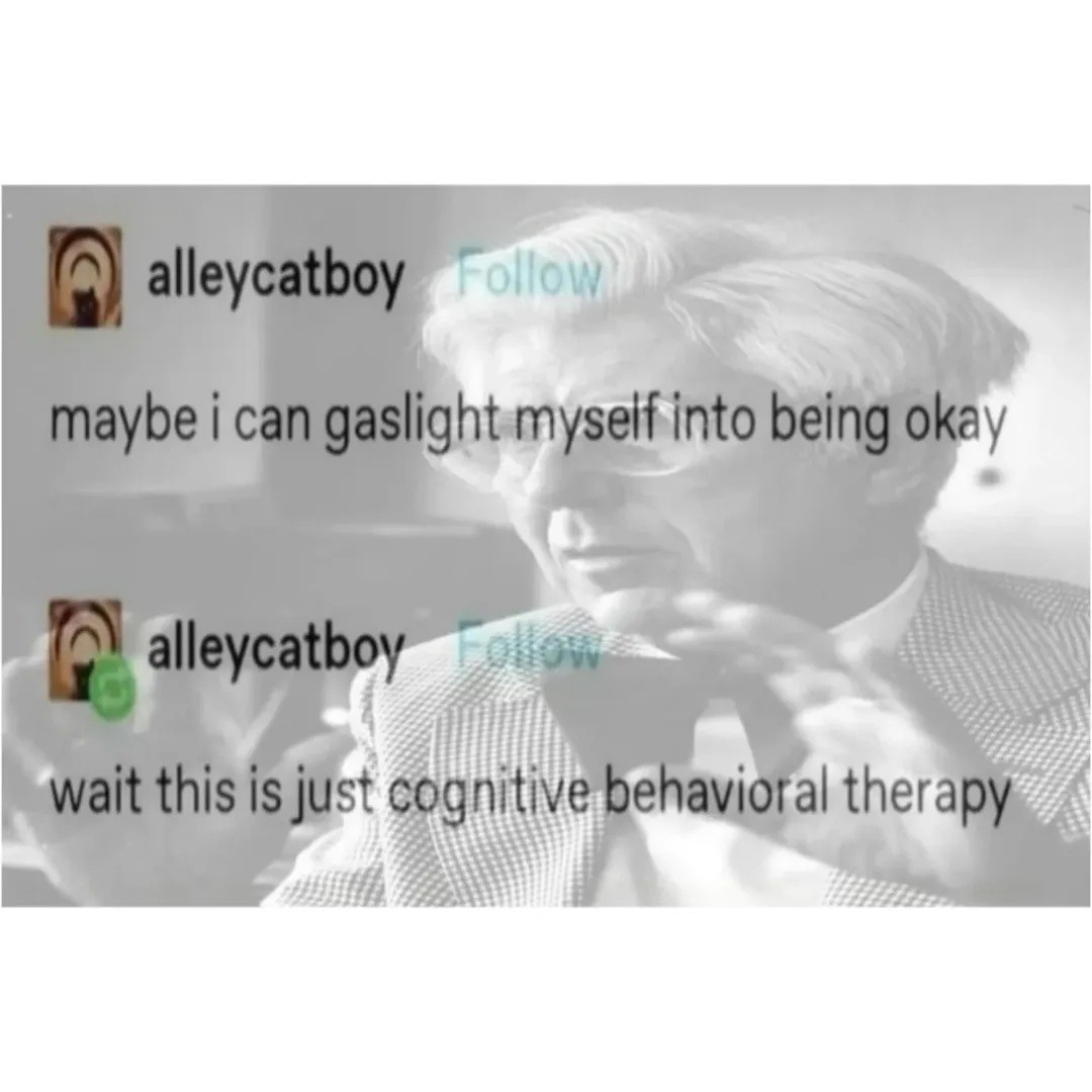 maybe i can gaslight myself into being okay
wait this is just cognitive behavioral therapy