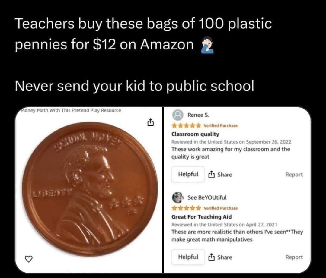 Teachers buy these bags of 100 plastic pennies for $12 on Amazon. Never send your kid to public school. Money Math With This Pretend Play Resource. Renee S. Verified Purchase. Classroom quality. Reviewed in the United States on September 26, 2022. These work amazing for my classroom and the quality is great. Helpful Share Report. See BeYOUtiful Ver