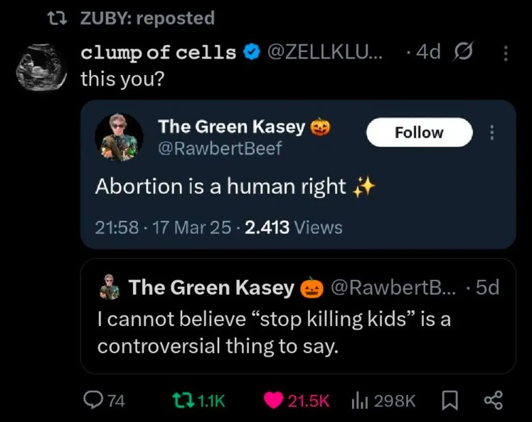 clump of cells
this you?
Abortion is a human right
21:58 · 17 Mar 25 · 2.413 Views
I cannot believe 