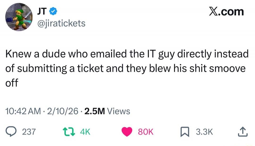 Knew a dude who emailed the IT guy directly instead of submitting a ticket and they blew his shit smoove off
