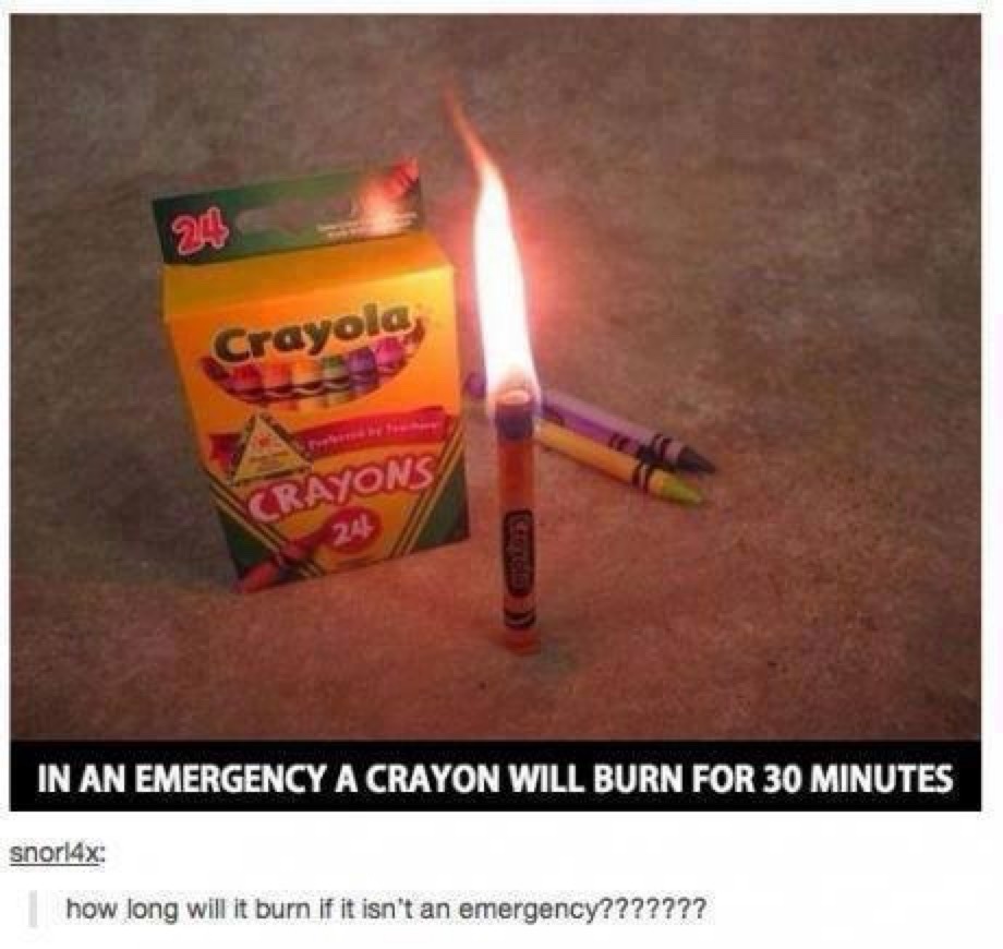IN AN EMERGENCY A CRAYON WILL BURN FOR 30 MINUTES