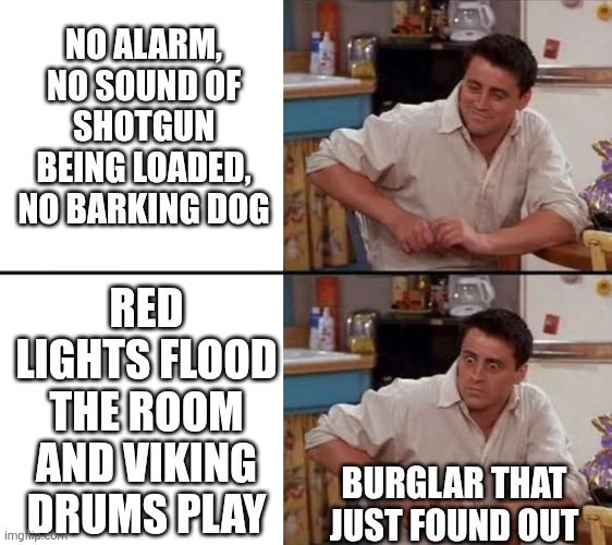NO ALARM, NO SOUND OF SHOTGUN BEING LOADED, NO BARKING DOG
RED LIGHTS FLOOD THE ROOM AND VIKING DRUMS PLAY
BURGLAR THAT JUST FOUND OUT