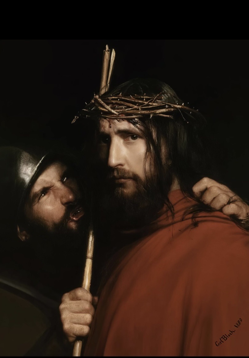 The image depicts a scene from the Passion of Christ, showing Jesus Christ wearing a crown of thorns and being mocked by a Roman soldier. The soldier is holding a reed and appears to be taunting Jesus. The artwork is a painting, likely a religious or historical depiction.