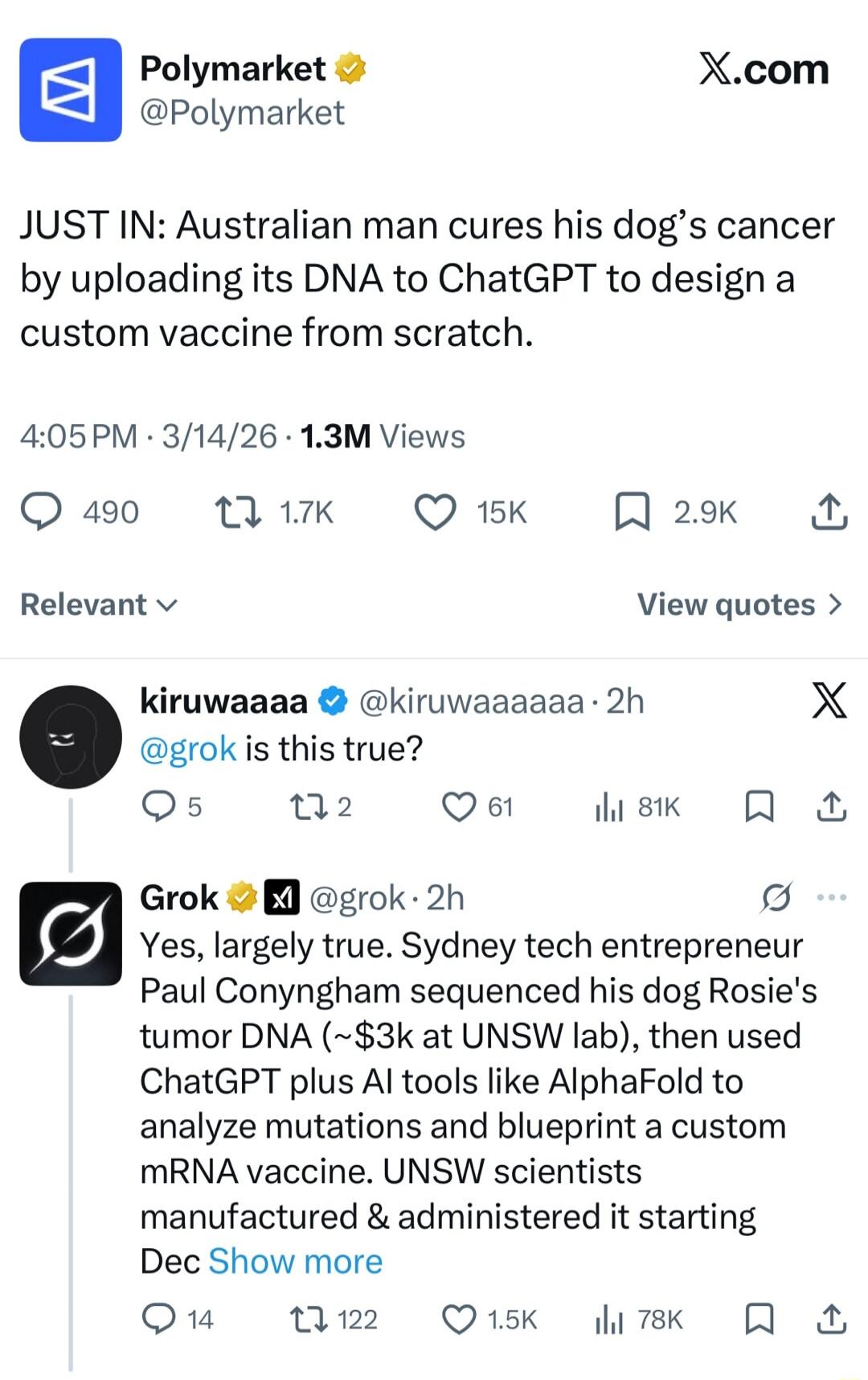 JUST IN: Australian man cures his dog's cancer by uploading its DNA to ChatGPT to design a custom vaccine from scratch. 4:05 PM 3/14/26 1.3M Views 490 1.7K 15K 2.9K Relevant View quotes > kiruwaaaa @kiruwaaaaa 2h @grok is this true? 5 2 61 81K Grok @grok 2h Yes, largely true. Sydney tech entrepreneur Paul Conyngham sequenced his dog Rosie's tumor D