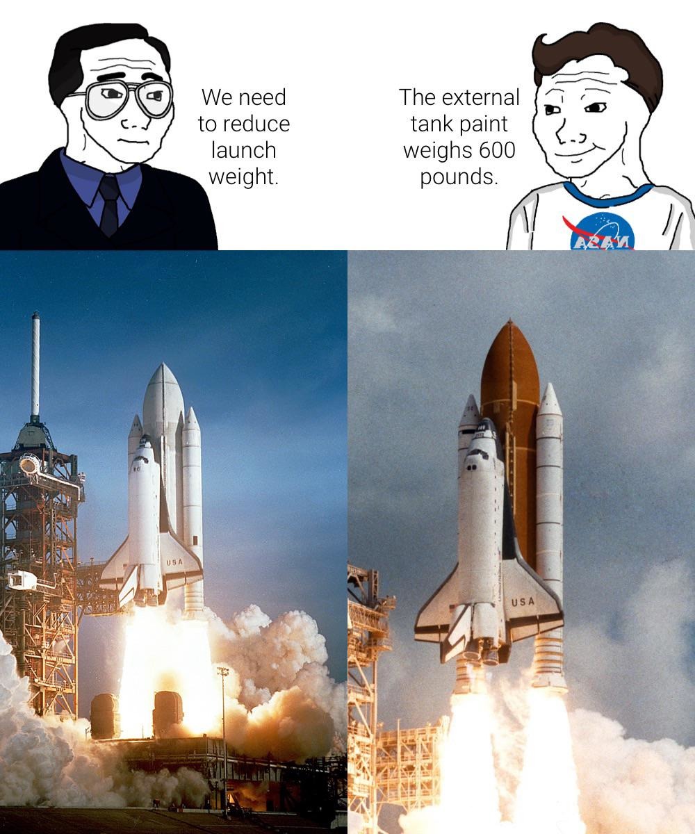 We need to reduce launch weight. The external tank paint weighs 600 pounds.