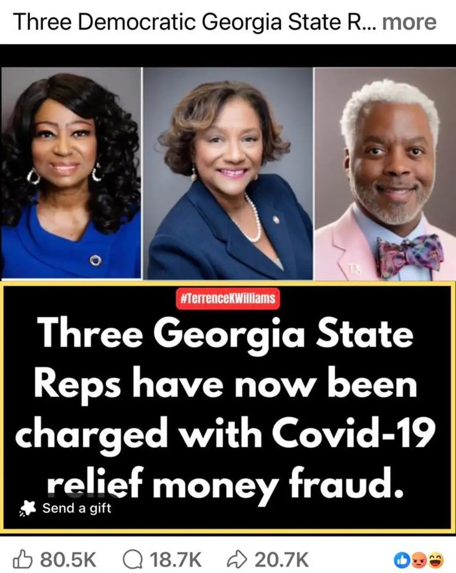 Three Democratic Georgia State Reps have now been charged with Covid-19 relief money fraud.