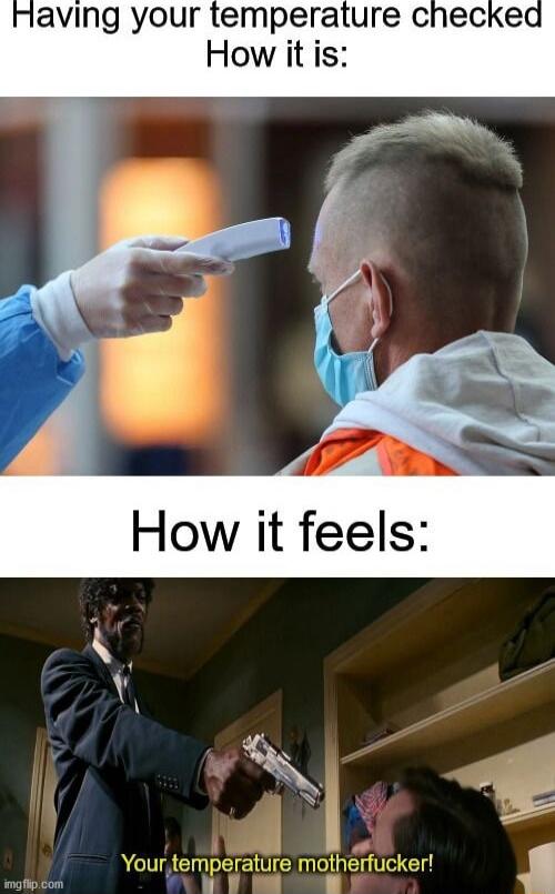 Having your temperature checked
How it is:
How it feels:
Your temperature motherfucker!
