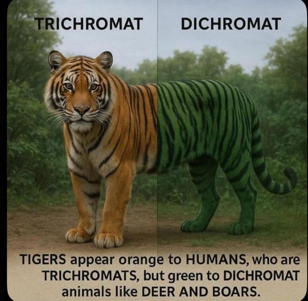 TRICHROMAT DICHTOMAT TIGERS appear orange to HUMANS, who are TRICHROMATS, but green to DICHROMAT animals like DEER AND BOARS.