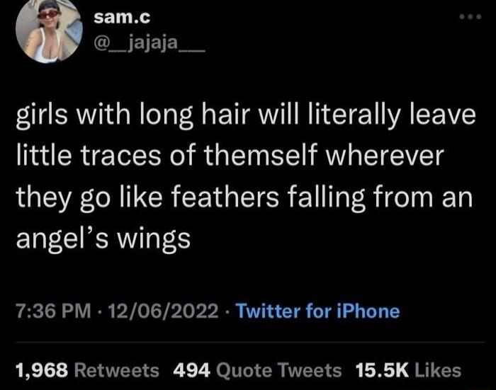 girls with long hair will literally leave little traces of themself wherever they go like feathers falling from an angel's wings