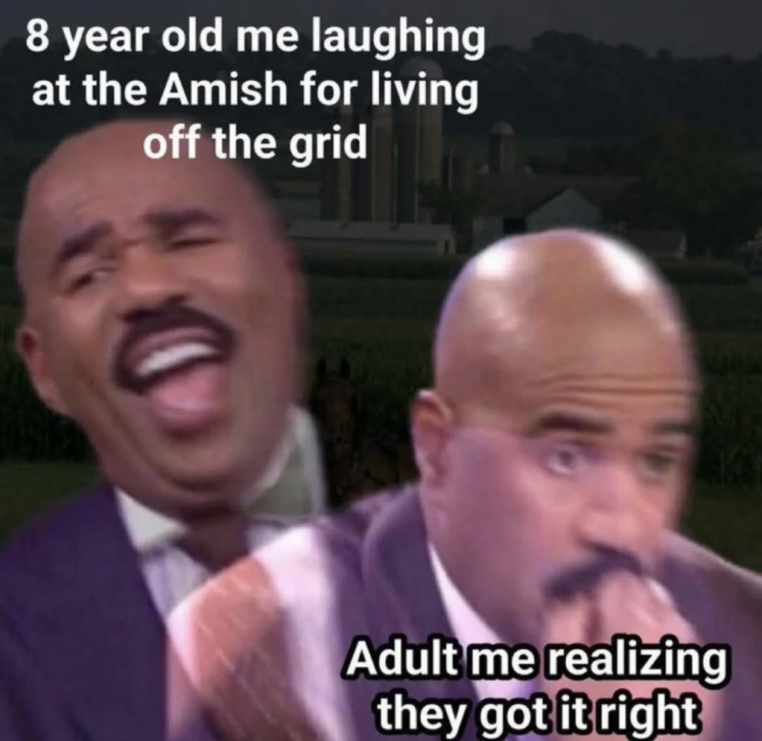 8 year old me laughing at the Amish for living off the grid. Adult me realizing they got it right.