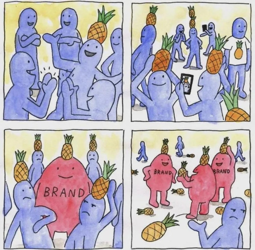 The comic depicts a group of blue figures, some of whom are balancing pineapples on their heads. Initially, they seem to be interacting and enjoying themselves. In the second panel, one figure is taking a selfie with a pineapple on their head, and others are also balancing pineapples. The third panel shows a large red figure labeled 