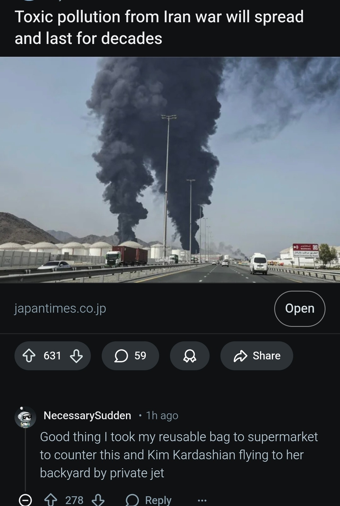 Toxic pollution from Iran war will spread and last for decades. Good thing I took my reusable bag to supermarket to counter this and Kim Kardashian flying to her backyard by private jet.