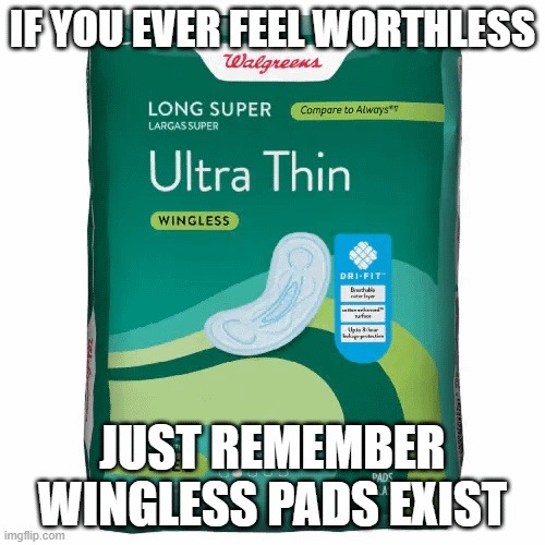IF YOU EVER FEEL WORTHLESS JUST REMEMBER WINGLESS PADS EXIST. Walgreens LONG SUPER LARGAS SUPER Ultra Thin WINGLESS. Compare to Always. DRI-FIT. Breathable outer layer. Up to 8-hour leakage protection.